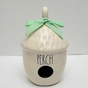 NWOT Rae Dunn Acorn Birdhouse Nest "PERCH" Ivory With Mint Bow LL Magenta